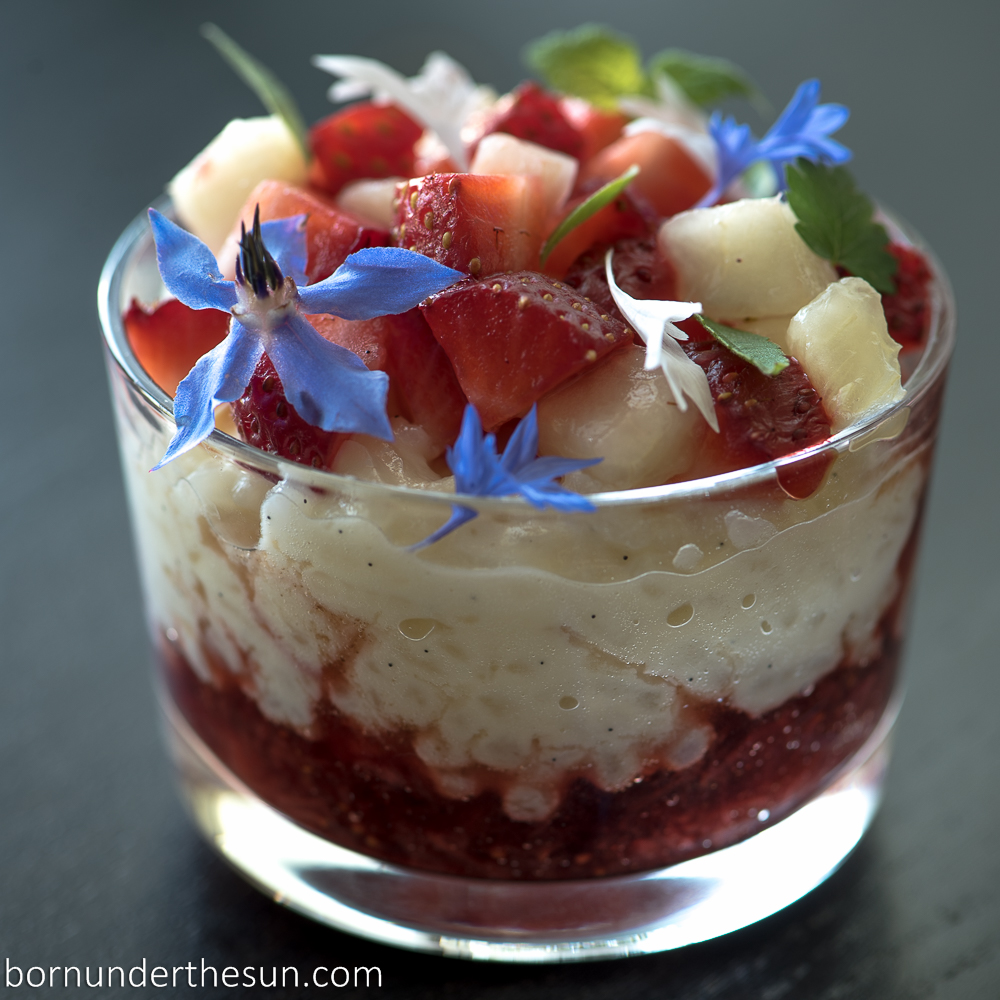 Vanilla rice pudding, balsamic strawberry sauce and strawberry nectarine&nbsp;salad