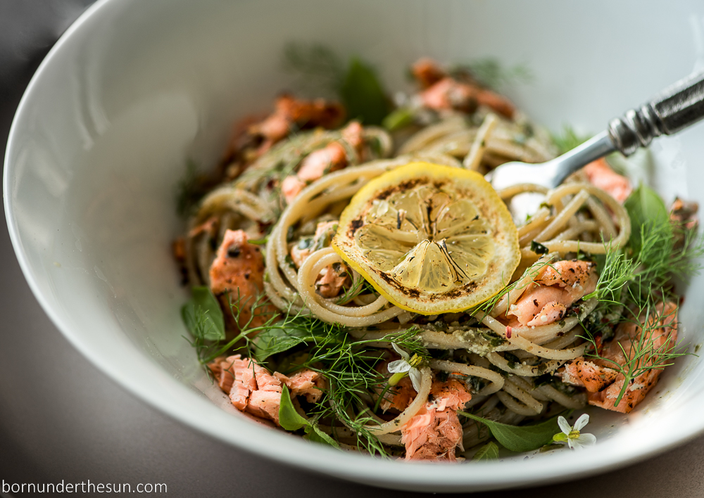 Lemon basil pasta with baked&nbsp;salmon